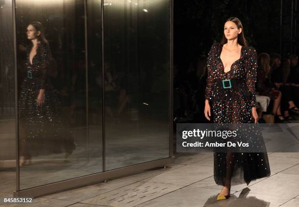 Model walks the runway at the Carolina Herrera show at The Museum of Modern Art on September 11, 2017 in New York City.