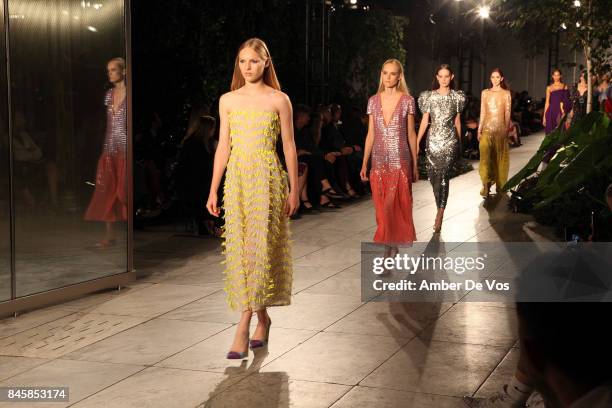 Model walks the runway at the Carolina Herrera show at The Museum of Modern Art on September 11, 2017 in New York City.