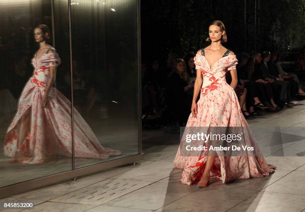 Model walks the runway at the Carolina Herrera show at The Museum of Modern Art on September 11, 2017 in New York City.