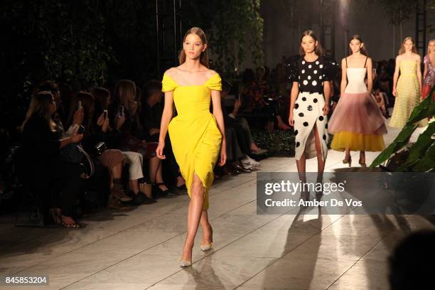 Model walks the runway at the Carolina Herrera show at The Museum of Modern Art on September 11, 2017 in New York City.