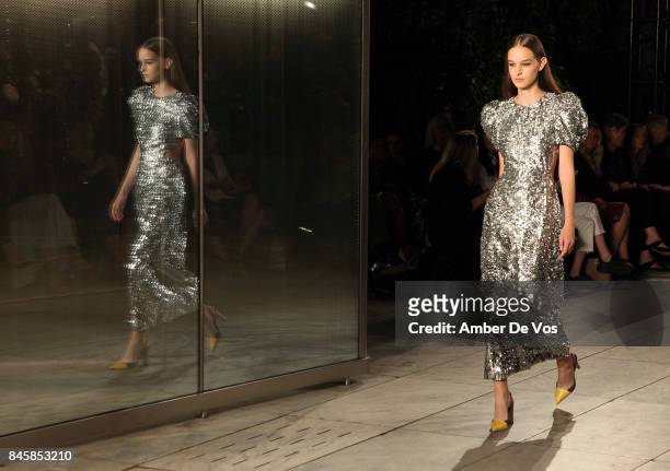 Model walks the runway at the Carolina Herrera show at The Museum of Modern Art on September 11, 2017 in New York City.