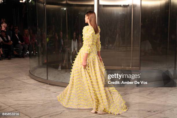 Model walks the runway at the Carolina Herrera show at The Museum of Modern Art on September 11, 2017 in New York City.