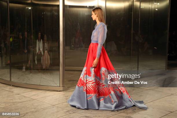 Model walks the runway at the Carolina Herrera show at The Museum of Modern Art on September 11, 2017 in New York City.