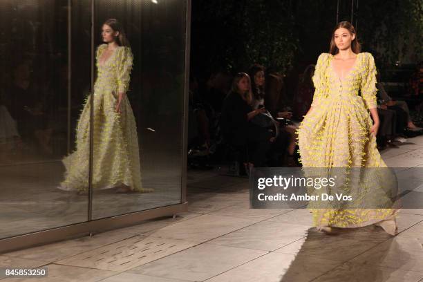 Model walks the runway at the Carolina Herrera show at The Museum of Modern Art on September 11, 2017 in New York City.