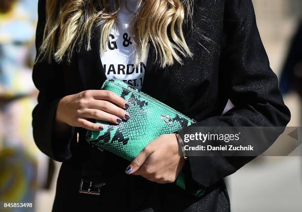 Python purse is seen outside the 3.1 Phillip Lim show during New York Fashion Week: Women's S/S 2018 on September 11, 2017 in New York City.