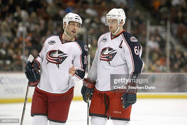 Umberger and Rick Nash of the Columbus Blue Jackets talk on the ice during the game against the Anaheim Ducks on December 7, 2008 at the Honda Center...