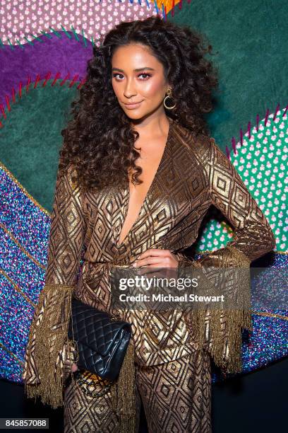 Shay Mitchell attends the Ann Sui fashion show during New York Fashion Week: The Shows at Gallery 1, Skylight Clarkson Sq on September 11, 2017 in...