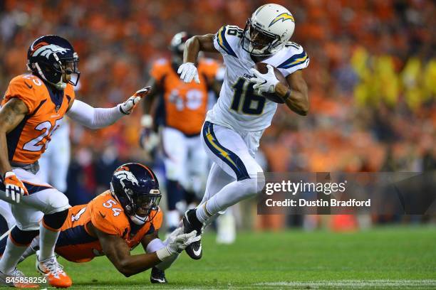 Wide receiver Tyrell Williams of the Los Angeles Chargers catches and runs for a gain of 12 yards in the fourth quarter of the game against the...
