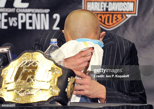 George St-Pierre answers questions at the post-fight press conference at UFC 94 George St-Pierre vs. BJ Penn 2 at the MGM Grand Arena on January 31,...