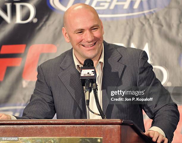 President Dana White answers questions at the post-fight press conference at UFC 94 George St-Pierre vs. BJ Penn 2 at the MGM Grand Arena on January...