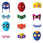 Cartoon Superhero Mask Color Icons Set. Vector