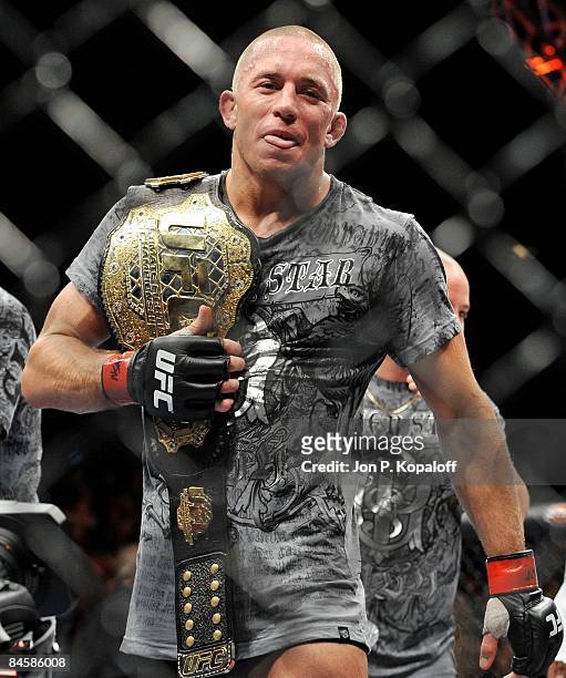Georges St-Pierre celebrates after defeating BJ Penn at UFC 94 Georges St-Pierre vs. BJ Penn 2 at the MGM Grand Arena on January 31, 2009 in Las...