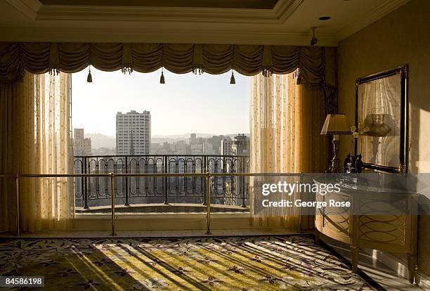 Late afternoon view looking west out of the Fairmont Hotel on Nob Hill is seen in this 2009 San Francisco, California, city landscape photo.