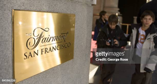 Gold plate sign at the entrance of the luxury Fairmont Hotel on Nob Hill is seen in this 2009 San Francisco, California, city landscape photo.