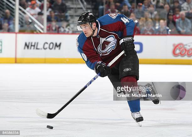 Marek Svatos of the Colorado Avalanche skates against the Anaheim Ducks at the Pepsi Center on January 31, 2009 in Denver, Colorado. The Ducks...
