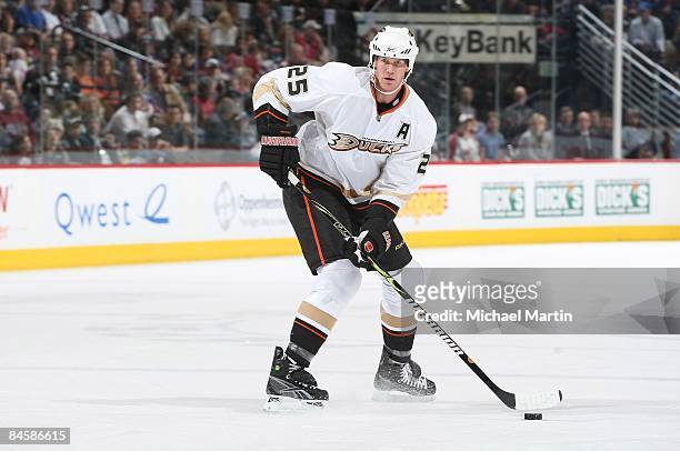 Chris Pronger of the Anaheim Ducks skates against the Colorado Avalanche at the Pepsi Center on January 31, 2009 in Denver, Colorado. The Ducks...