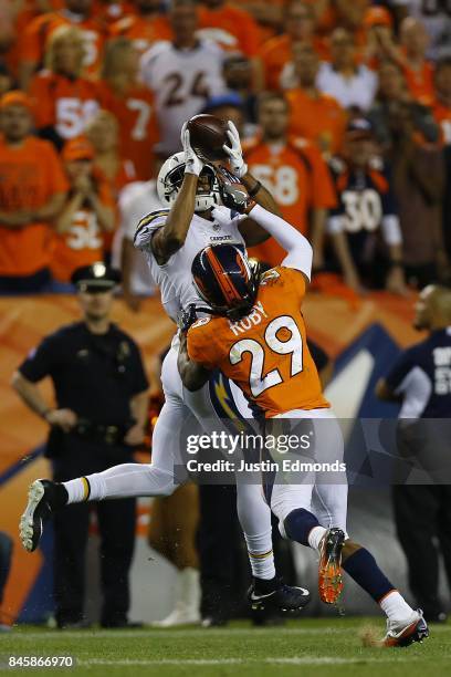 Cornerback Bradley Roby of the Denver Broncos defends a pass intended for wide receiver Tyrell Williams of the Los Angeles Chargers in the fourth...