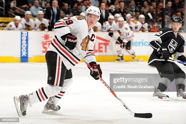 Jonathan Toews of the Chicago Blackhawks skates into position during the game against the Los Angeles Kings on January 29, 2009 at Staples Center in...