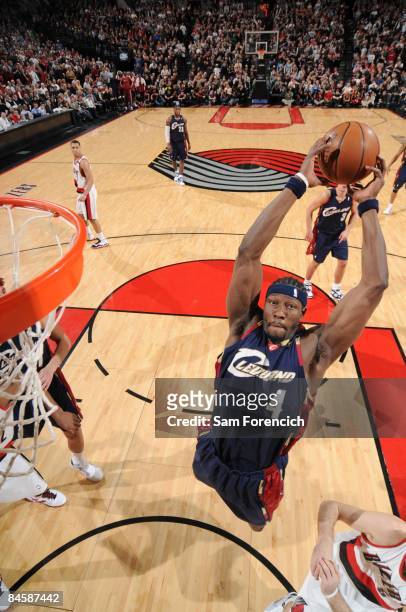 Ben Wallace of the Cleveland Cavaliers goes to the basket during the game against the Portland Trail Blazers at The Rose Garden on January 21, 2009...