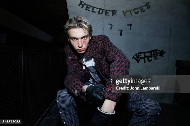 Model displays fashions at the Helder Vices Corp presentation and party at The Mailroom on September 11, 2017 in New York City.