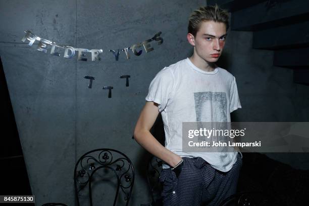 Model displays fashions at the Helder Vices Corp presentation and party at The Mailroom on September 11, 2017 in New York City.