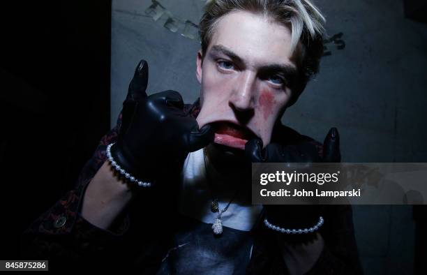 Model displays fashions at the Helder Vices Corp presentation and party at The Mailroom on September 11, 2017 in New York City.