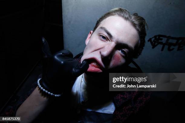 Model displays fashions at the Helder Vices Corp presentation and party at The Mailroom on September 11, 2017 in New York City.