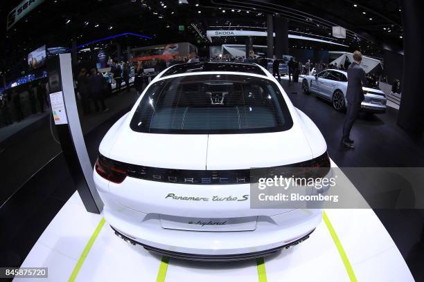 Porsche Panamera Turbo S e-hybrid luxury automobile sits on display during the Volkswagen AG media night ahead of the IAA Frankfurt Motor Show in...