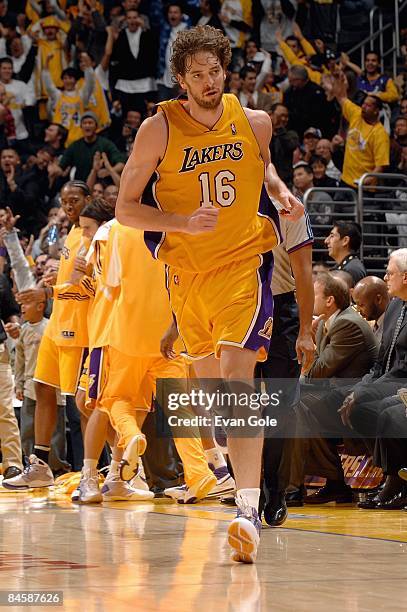 Pau Gasol of the Los Angeles Lakers runs down the court during the game against the Utah Jazz on January 2, 2009 at Staples Center in Los Angeles,...