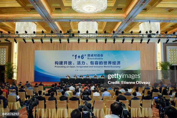 Overview of the room where is held The 1+6 Round Table Press Conference at Diaoyutai State Guesthouse on September 12, 2017 in Beijing, China.