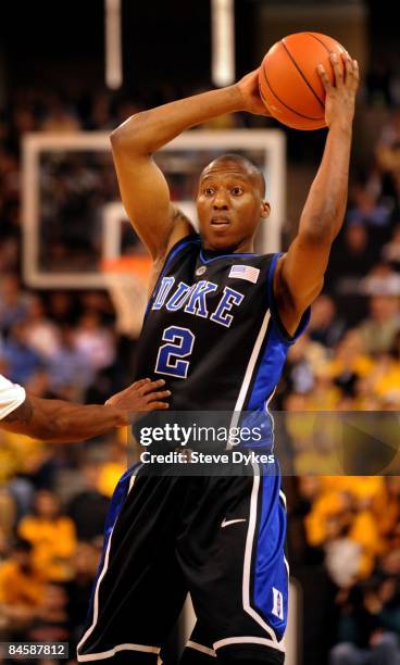 Nolan Smith of the Duke Blue Devils looks for an open man during the second half of the game against the Wake Forest Demon Deacons at Lawrence Joel...