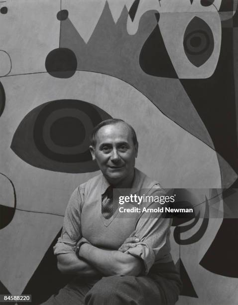 Portrait of Joan Miro, Spanish Surrealist artist, August 27, 1947 in New York City. The mural was painted for a Gordon Bunschaft designed hotel in...