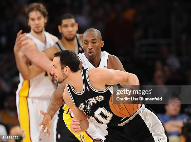 Manu Ginobili of the San Antonio Spurs drives against Kobe Bryant of the Los Angeles Lakers at Staples Center on January 25, 2009 in Los Angeles,...