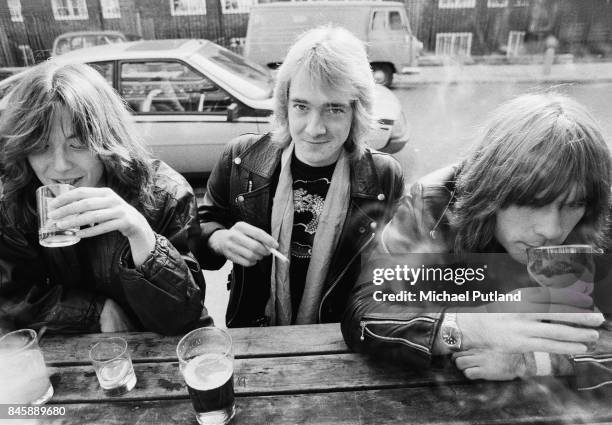 English heavy metal group Iron Maiden outside the Island Queen pub in Islington, London, 1982. Left to right: drummer Clive Burr, guitarist Adrian...