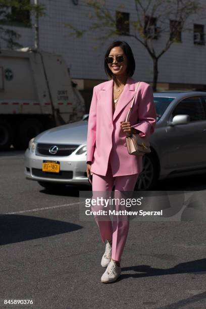Aimee Song is seen attending 3.1 Phillip Lim during New York Fashion Week wearing MSGM, Nike, ALC, Celine on September 11, 2017 in New York City.