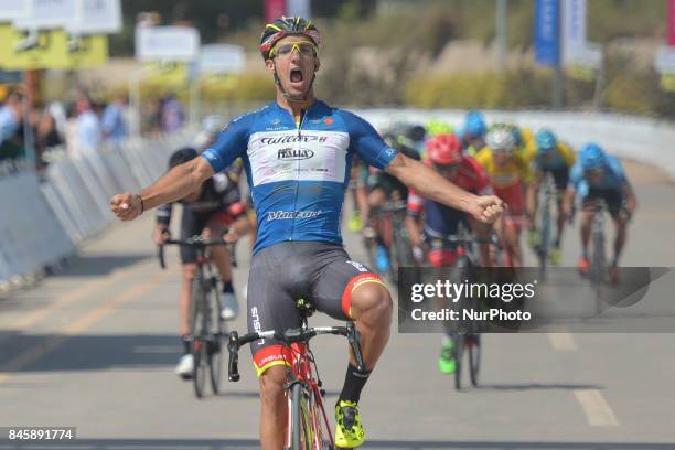 Italian Liam Bertazzo from Wilier Triestina - Selle Italia team wins the second stage Jinzhong A to B race of the 2017 Tour of China 1, the 197km...