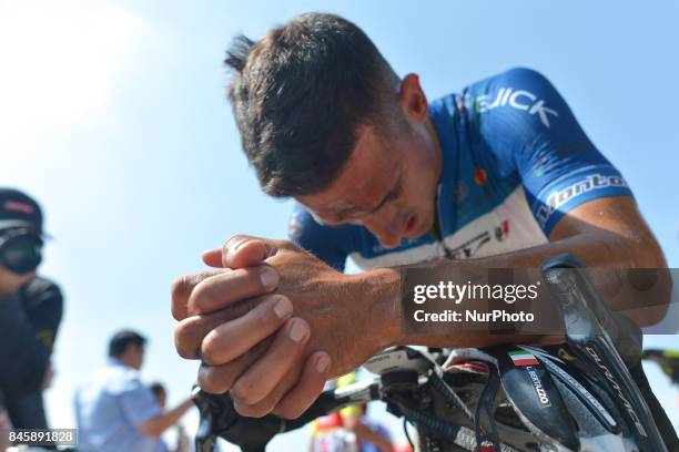 Italian Liam Bertazzo from Wilier Triestina - Selle Italia team after he wins the second stage Jinzhong A to B race of the 2017 Tour of China 1, the...