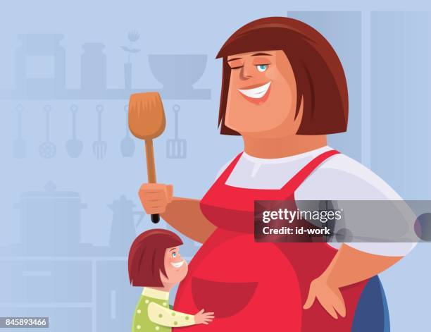 stockillustraties, clipart, cartoons en iconen met koken van moeder met meisje - kids hugging mom cartoon