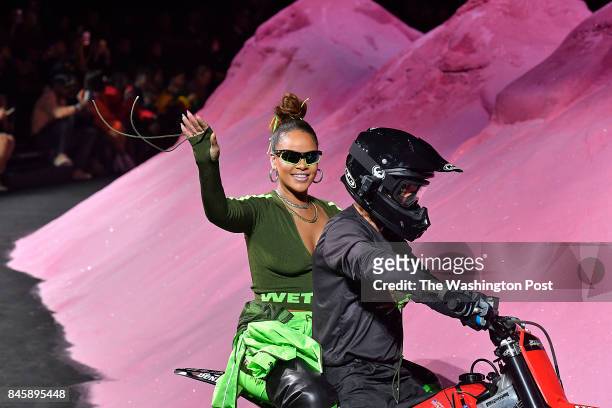 Rihanna took her "bows" at the finale of the Fenty Puma by Rihanna Spring Summer 2018 fashion show on the back of a motorcycle.