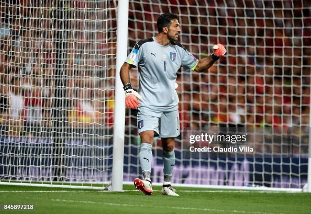 Gianluigi Buffon of Italy reacts during the FIFA 2018 World Cup Qualifier between Spain and Italy at Estadio Santiago Bernabeu on September 2, 2017...