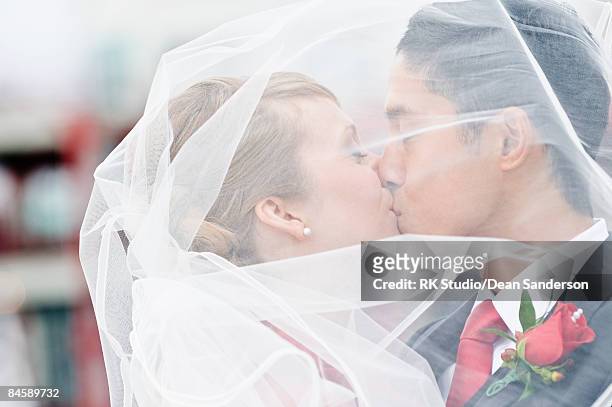 bride and groom kissing under a veil. - chinese wedding dress foto e immagini stock