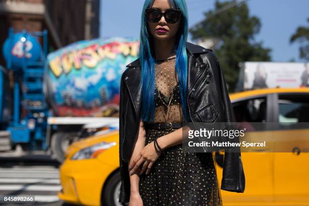 Yuki Bomb' Christina Pham is seen attending Hakan Akkaya during New York Fashion Week wearing Never Fully Dressed, Kate Spade bag on September 11,...