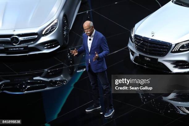 Dieter Zetsche, Chairman of Daimler AG, speaks at the Mercedes-Benz press conference at the 2017 Frankfurt Auto Show on September 12, 2017 in...