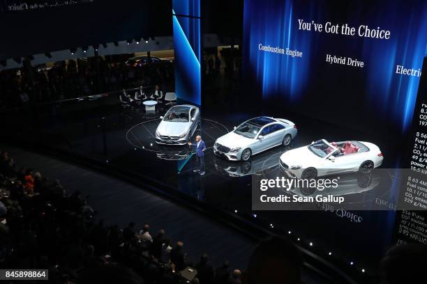 Dieter Zetsche, Chairman of Daimler AG, speaks at the Mercedes-Benz press conference at the 2017 Frankfurt Auto Show on September 12, 2017 in...