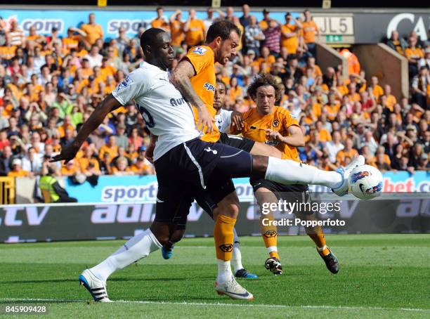 Steven Fletcher of Wolverhampton and Ledley King of Tottenham in action during the Barclays Premiership match between Wolverhampton Wanderers and...