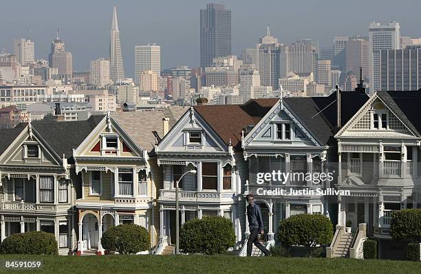 The famous row of homes known as the "Painted Ladies" are seen from Alamo Square Park February 2, 2009 in San Francisco, California. A report by the...