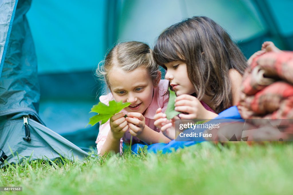 Girls in Tent Looking at Leaf
