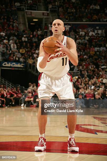 Zydrunas Ilgauskas of the Cleveland Cavaliers shoots a free throw during the game against the Miami Heat on December 28, 2008 at Quicken Loans Arena...