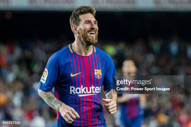 Lionel Andres Messi of FC Barcelona celebrates his hat trick during the La Liga match between FC Barcelona vs RCD Espanyol at the Camp Nou on 09...