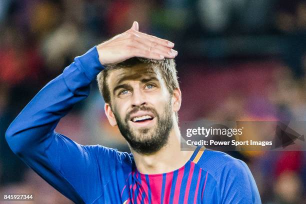 Gerard Pique Bernabeu of FC Barcelona gestures after winning the La Liga match between FC Barcelona vs RCD Espanyol at the Camp Nou on 09 September...